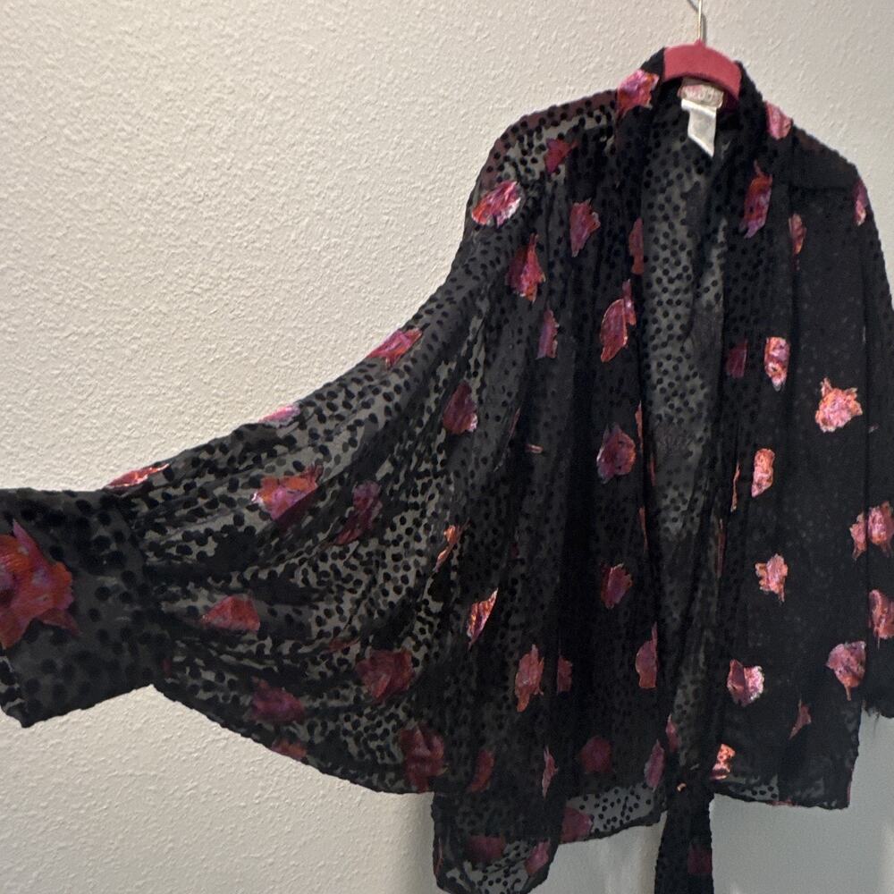 Feee people Women's Sheer Chiffon Floral Kimono Shawl/Wrap Black Pink 0086 - Picture 4 of 5